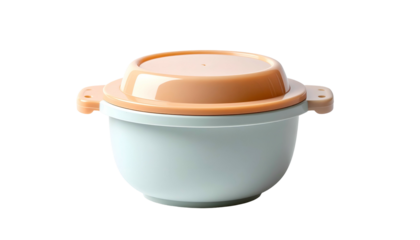 Covered pale blue bowl with beige lid, against dark backdrop