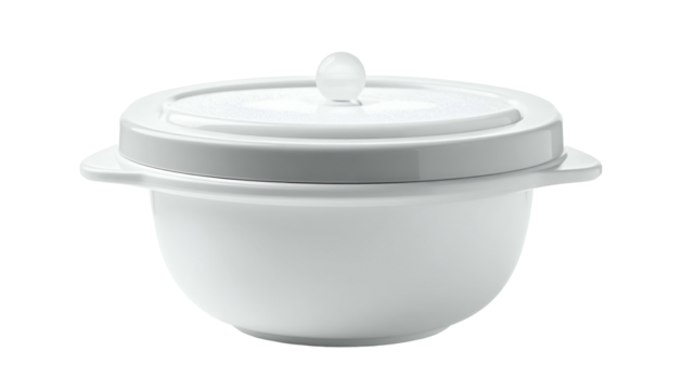 White ceramic bowl with lid, small knob. Clean and simple design