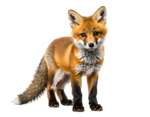 Alert red fox standing against a black background