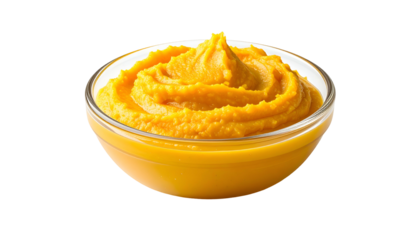 A glass bowl overflowing with bright, textured, orange-yellow puree against a black backdrop