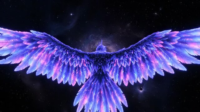 Enchanted phoenix wing feathers iridescent purple blue glowing against starry cosmic background, radiant majestic flight and mystical uplifting motion