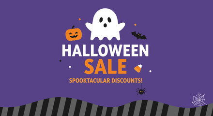Halloween Sale banner with ghost pumpkin and spooky text on a purple background for retail promotions