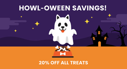 Cute ghost dog graphic offering Howloween Savings on pet treats and food