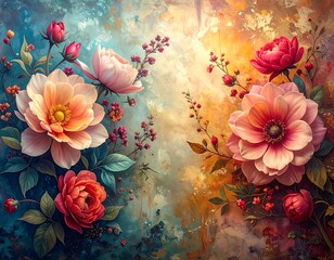 Softly lit flowers in varying shades against a colorful background
