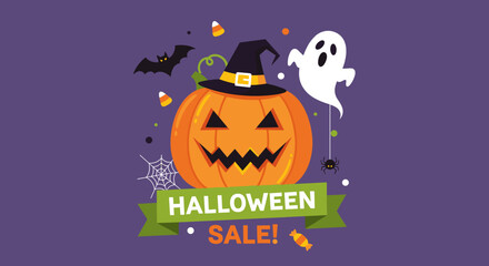Festive Halloween Sale graphic featuring a spooky pumpkin ghost bat and candy corn elements