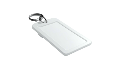 White, rectangular keychain tag with metal ring, isolated
