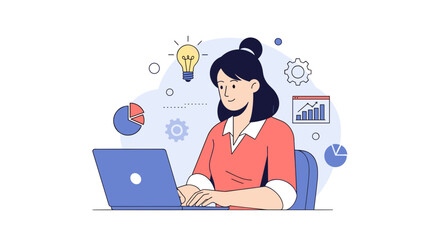 Idea generation and data analysis business woman working on technology