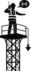 Silhouette construction supervisor using walkie talkie giving instructions, industrial safety communication, engineering management, site control, leadership, 
