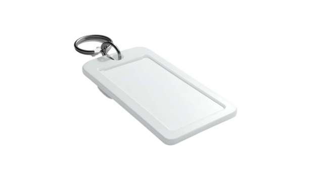 White, rectangular keychain tag with metal ring, isolated