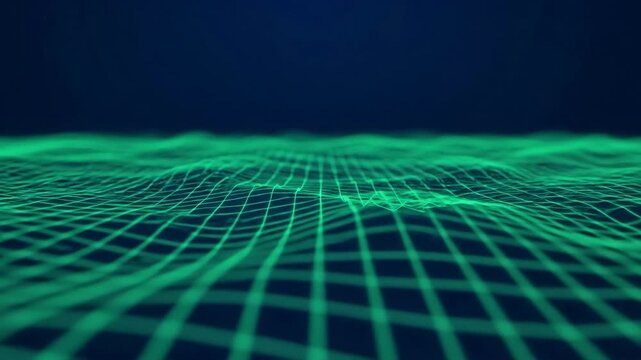 Waves neon grid landscape glowing teal wave pattern evokes futuristic digital terrain neon green wireframe grid forming undulating digital waves over