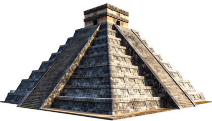 Stone pyramid with wide steps and a temple at the top, set against a dark backdrop