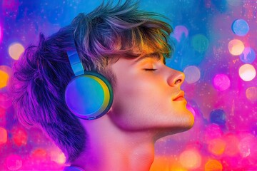 Fototapeta premium Young Man Enjoying Music with Headphones in Vibrant Scene
