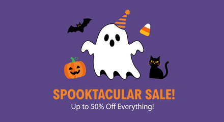 Spooktacular Halloween Sale graphic Ghost pumpkin bat and black cat illustration with discount text