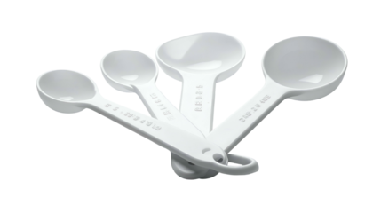 White measuring spoons, plastic, various sizes, nesting