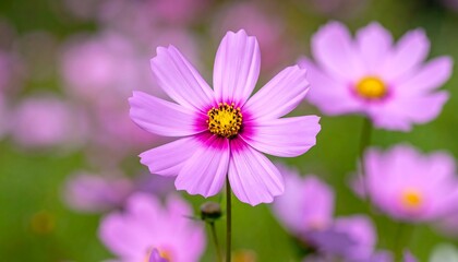 Fototapeta premium Close-up view of delicate, soft-pink petals surrounding a vibrant yellow center. Other blooms blur into a green backdrop