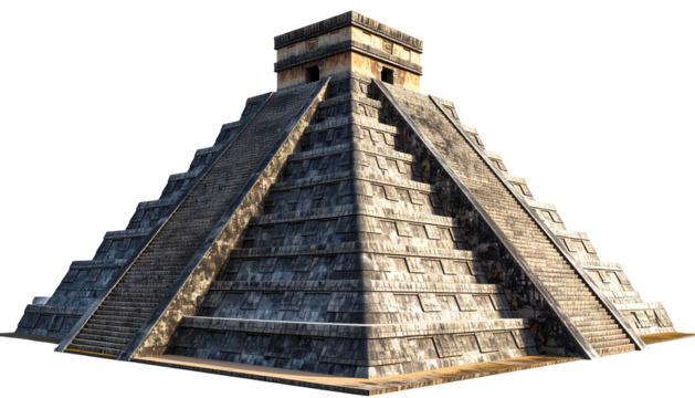 Stone pyramid with wide steps and a temple at the top, set against a dark backdrop