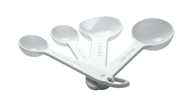 White measuring spoons, plastic, various sizes, nesting