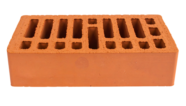 A close-up studio shot of a rectangular red brick with several rectangular holes