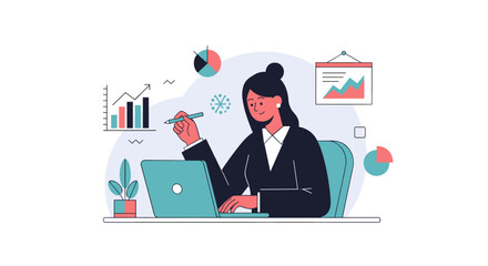 Business analyst reviewing financial growth data and preparing strategic reports illustration