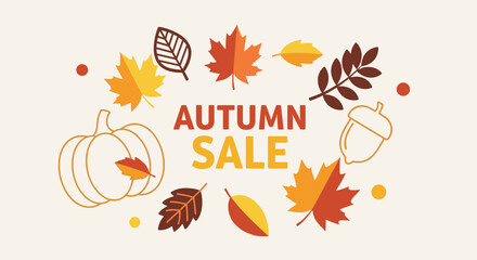 Fototapeta premium Flat design autumn sale banner template featuring colorful fall leaves pumpkin and acorn illustrations