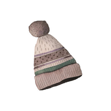 Artistic watercolor painting of a cozy, striped knitted winter hat adorned with a fluffy pom-pom, embodying warmth and comfort for frosty days and stylish cold-weather wear