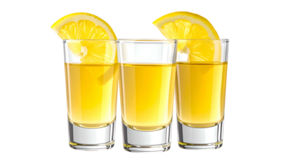 Three shot glasses filled with amber liquid, garnished with lemon wedges, against black