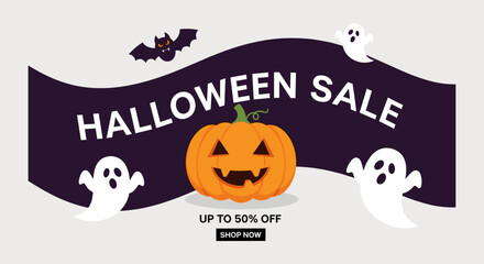 Halloween Sale banner design with jackolantern and spooky ghosts Seasonal retail discount graphic