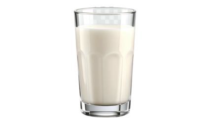 A tall, clear glass filled with a creamy white liquid, sitting against a dark background