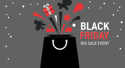 Black Friday Big Sale Event banner with exploding gifts and abstract shapes from a shopping bag