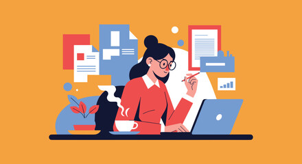 Professional woman reviewing documents and working on laptop with coffee Productivity concept