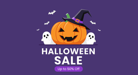 Seasonal spooky discount advertisement graphic featuring pumpkin ghosts and sale text