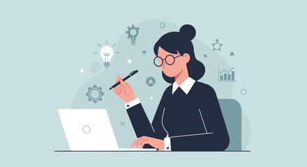 Thoughtful businesswoman planning creative strategy with laptop and idea icons