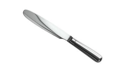 Gleaming silver butter knife angled on a stark black background