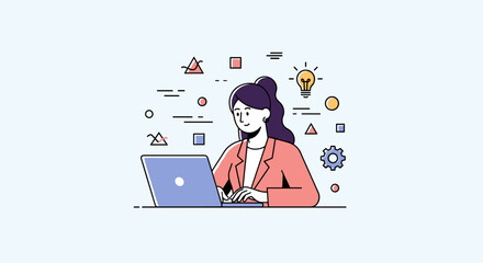 Focused woman using laptop for business strategy and idea generation Flat line illustration