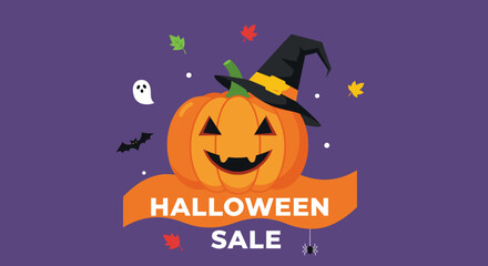 Smiling Jackolantern with witch hat and Halloween Sale banner illustration
