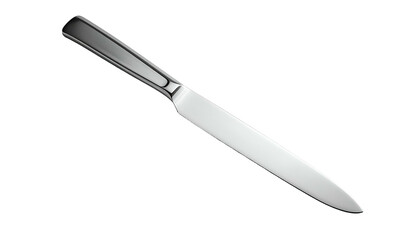 Sleek silver butter knife with a simple handle, angled