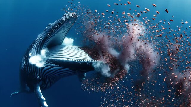 A magnificent humpback whale opens its massive mouth, creating a mesmerizing display of tiny fish swirling around in the deep ocean. Experience nature's beauty and wonder.