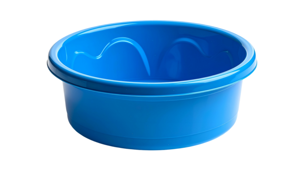 Shiny, round, light blue plastic basin against a black backdrop
