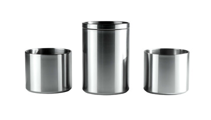 Three stainless steel, cylindrical containers; polished surfaces