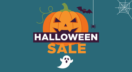 Halloween Sale illustration with pumpkin ghost and spooky elements for promotion
