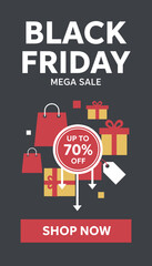 Fototapeta premium Black Friday Mega Sale with shopping bags and gifts Up to 70 off perfect for retail promotions