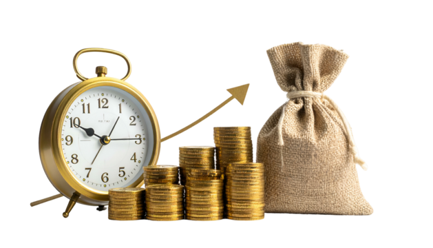 Gold clock beside stacks of coins with an upward arrow, and a money bag
