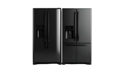 Two black refrigerators, one side-by-side and one French door, isolated on a black background