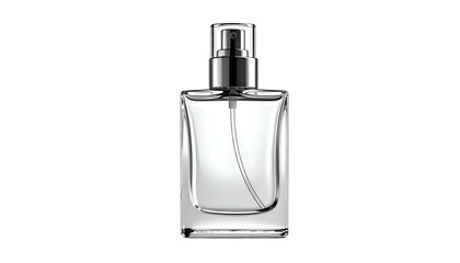 Clear glass perfume bottle with silver spray nozzle on black