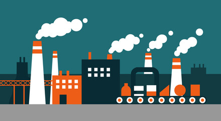 Manufacturing industry graphic Plants smoke stacks and production line © House of Vector