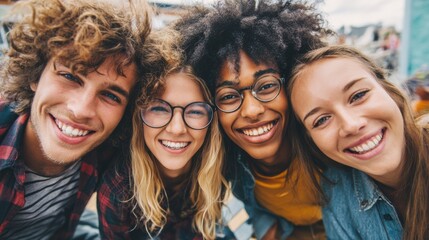 Obraz premium Four smiling people are posing for a picture, with one girl wearing glasses. Scene is happy and friendly, as the group of friends are enjoying each other's company and sharing a moment together
