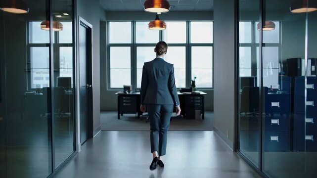 Confident businesswoman in suit walking down modern office hallway with back view