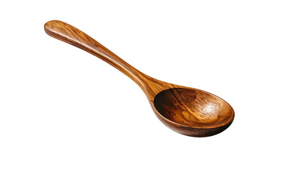 Polished wooden spoon with curved handle, against black background