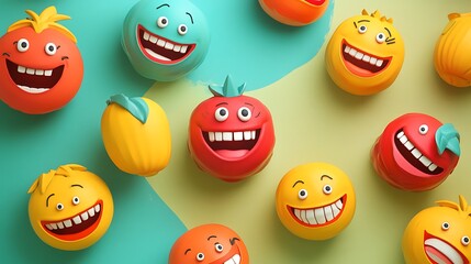 3D artist creates smiling fruit emojis with vibrant render for cheerful playful fun illustration concept