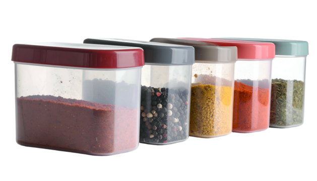 Spices in clear containers with colored lids, lined up